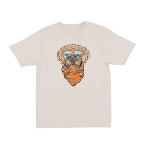 Beige t-shirt with a graphic of a dog wearing sunglasses and a bandana on a white background