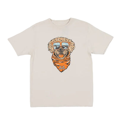 Beige t-shirt with a graphic of a dog wearing sunglasses and a bandana on a white background