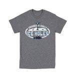 Grey t-shirt with a wintry ice fishing scene and text that reads "Surrounded by a bunch of ice holes."