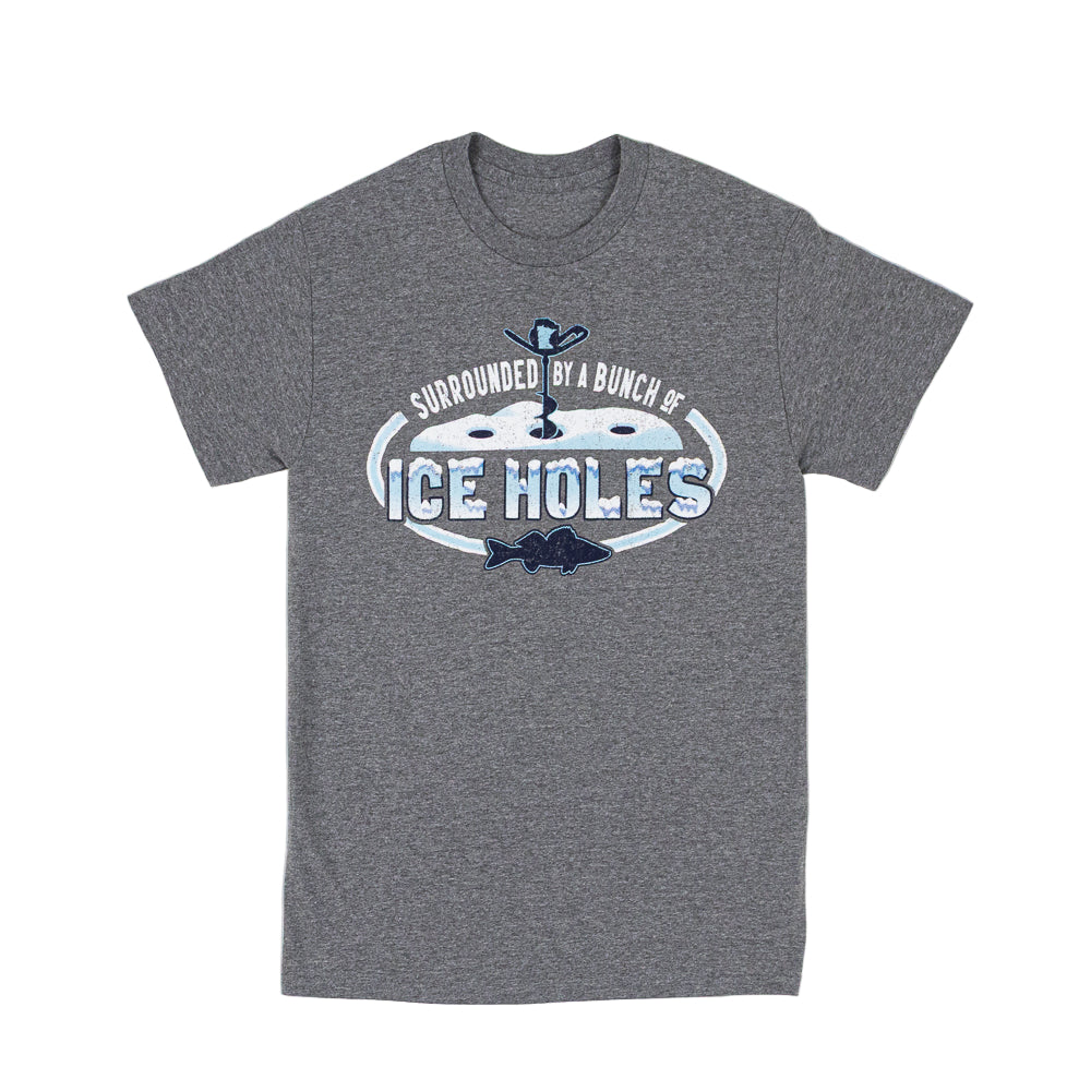 Grey t-shirt with a wintry ice fishing scene and text that reads "Surrounded by a bunch of ice holes."