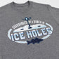 Grey t-shirt with a wintry ice fishing scene and text that reads "Surrounded by a bunch of ice holes."