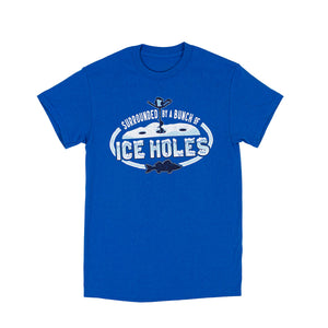 Blue t-shirt with a wintry ice fishing scene and text that reads "Surrounded by a bunch of ice holes."