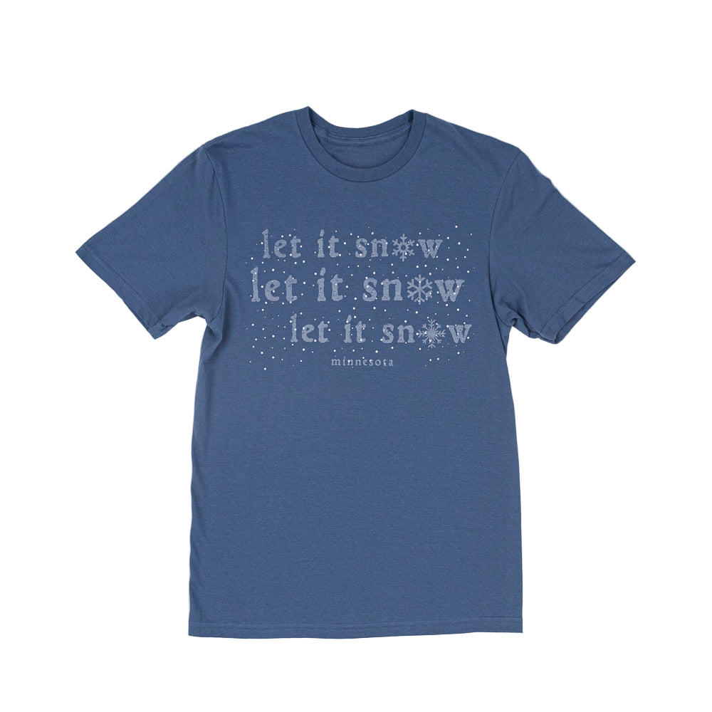 Blue t-shirt with 'let it snow' text on a white background