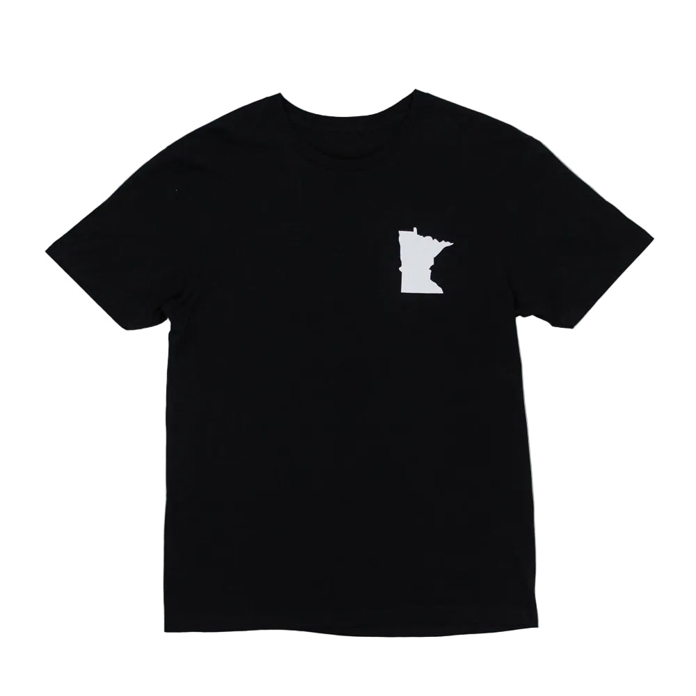A black tee shirt with a solid white Minnesota outline against a white background.