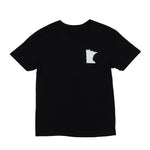 A black tee shirt with a solid white Minnesota outline against a white background.