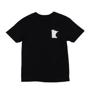 A black tee shirt with a solid white Minnesota outline against a white background.