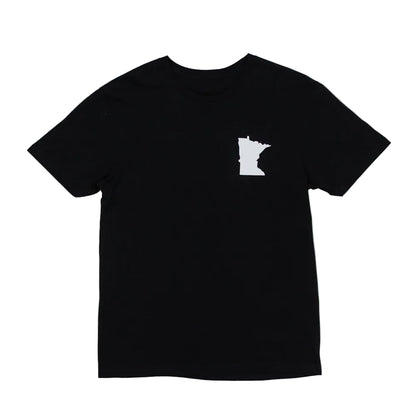 A black tee shirt with a solid white Minnesota outline against a white background.