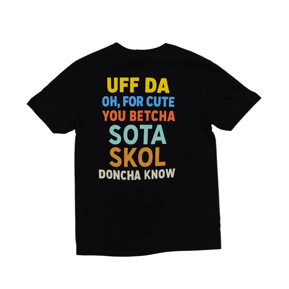 Black t-shirt with colorful text on a white background