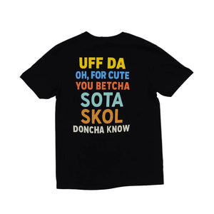 Black t-shirt with colorful text on a white background