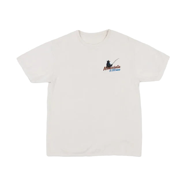 Cappuccino colored t-shirt with a design featuring a bear fishing and Minnesota 10,000 Lakes text on a white background