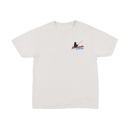 Cappuccino colored t-shirt with a design featuring a bear fishing and Minnesota 10,000 Lakes text on a white background