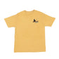 Mustard yellow t-shirt with a small Minnesota design of a bear fishing and Minnesota 10,000 Lakes text on a white background