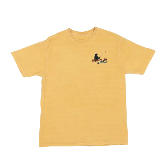 Mustard yellow t-shirt with a small Minnesota design of a bear fishing and Minnesota 10,000 Lakes text on a white background
