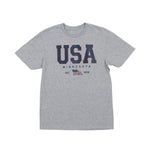 Grey tee shirt that reads USA Minnesota Est. 1858 and a USA flag on a white background.
