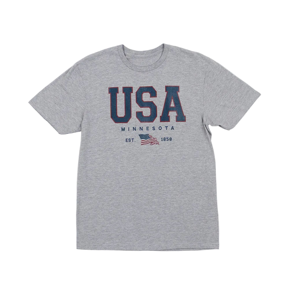Grey tee shirt that reads USA Minnesota Est. 1858 and a USA flag on a white background.