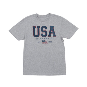Grey tee shirt that reads USA Minnesota Est. 1858 and a USA flag on a white background.