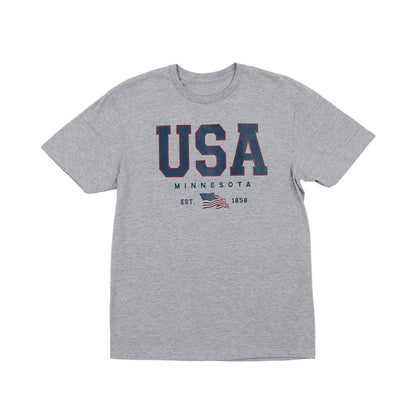 Grey tee shirt that reads USA Minnesota Est. 1858 and a USA flag on a white background.