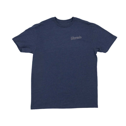 Navy blue t-shirt with a small Minnesota text logo on a white background