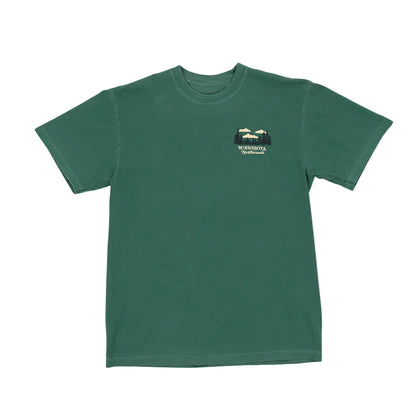 Green t-shirt with a logo on the chest against a white background
