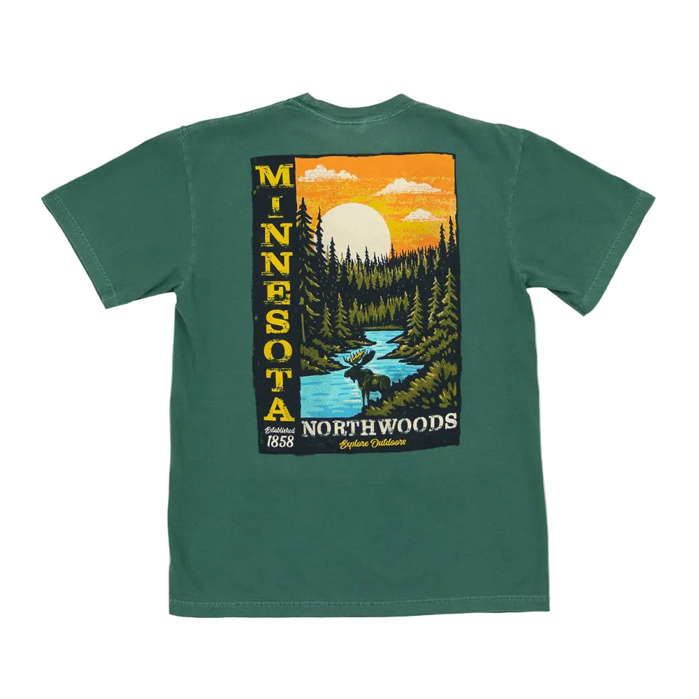 Green t-shirt with a graphic of a forest and river on the back, featuring the text 'Minnesota Northwoods'.