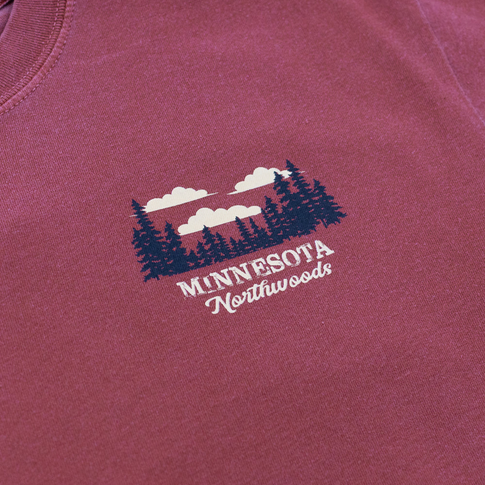 Maroon t-shirt with 'Minnesota Northwoods' graphic design