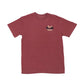 Maroon t-shirt with a small logo on the chest against a white background