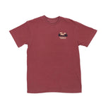 Maroon t-shirt with a small logo on the chest against a white background