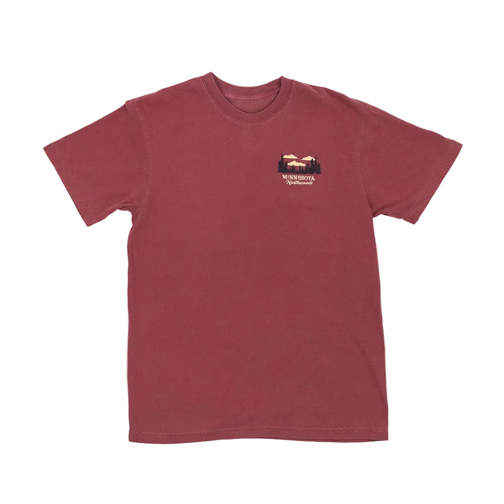 Maroon t-shirt with a small logo on the chest against a white background