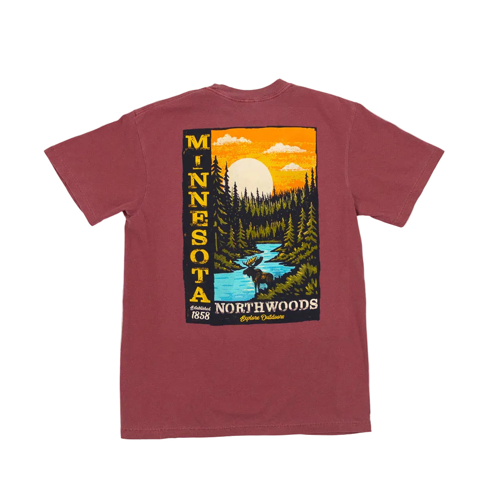Maroon t-shirt with 'Minnesota Northwoods' graphic on a white background