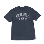 Navy blue t-shirt with 'Minneapolis MN 1867' text on a white background