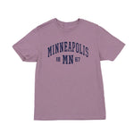 Purple t-shirt with 'Minneapolis MN 1867' text on a white background