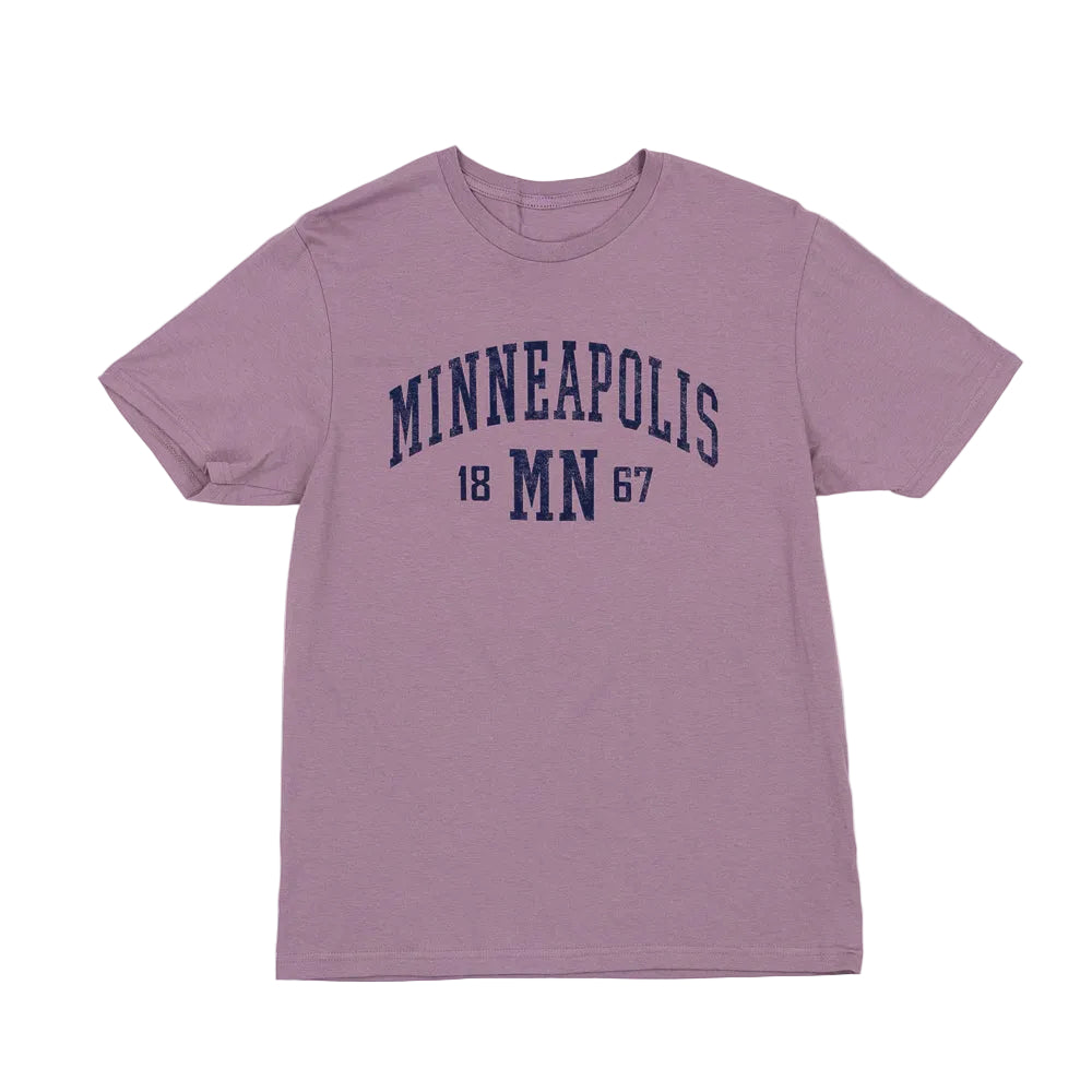 Purple t-shirt with 'Minneapolis MN 1867' text on a white background