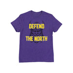 A purple heather crewneck t-shirt featuring a graphic of a horned Viking warrior with the text 'DEFEND THE NORTH' printed in yellow and black.