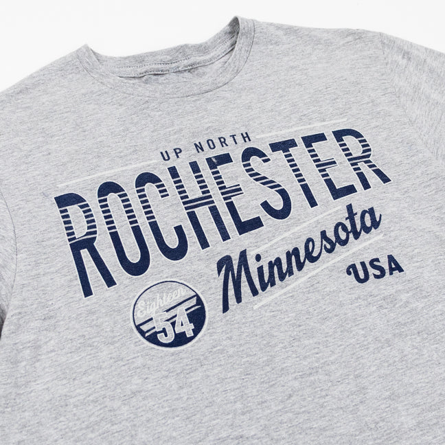 Gray t-shirt with 'Rochester Minnesota USA' text and logo on a white background