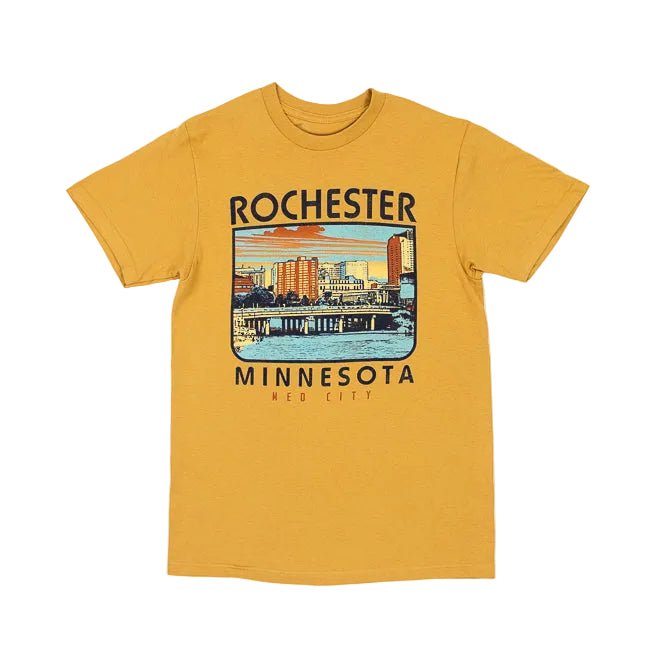 A Mustard colored t-shirt with a city scene and text "Rochester, Minnesota Med City" on a white background.