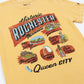 Mustard yellow t-shirt with 'Historic Rochester, Minnesota, Queen City' graphic design featuring Rochester icons on a white background