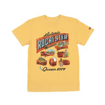 Mustard yellow t-shirt with 'Historic Rochester, Minnesota, Queen City' graphic design featuring Rochester icons on a white background