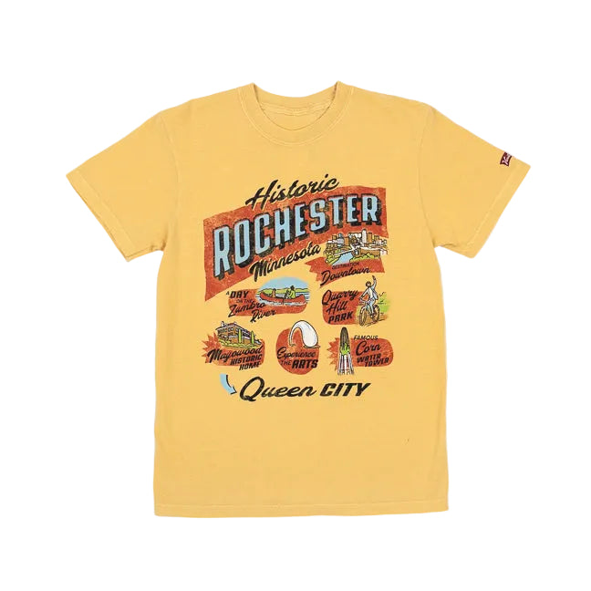 Mustard yellow t-shirt with 'Historic Rochester, Minnesota, Queen City' graphic design featuring Rochester icons on a white background