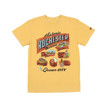 Mustard yellow t-shirt with 'Historic Rochester, Minnesota, Queen City' graphic design featuring Rochester icons on a white background
