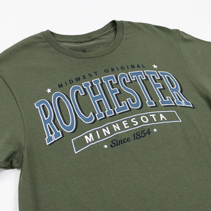 Green t-shirt with 'Midwest Original Rochester Minnesota since 1854' text on a white background