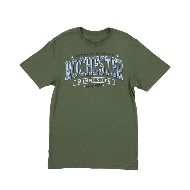 Green t-shirt with 'Midwest Original Rochester Minnesota' text on a white background