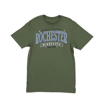 Green t-shirt with 'Midwest Original Rochester Minnesota' text on a white background