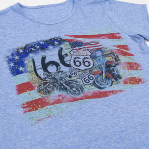Blue t-shirt with Route 66 graphic design featuring motorcycles and an American flag.