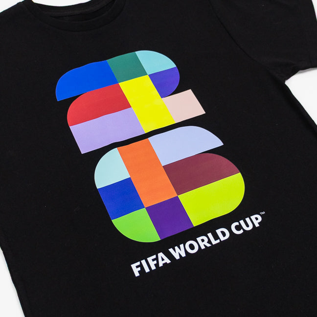 Black t-shirt with colorful geometric 26 FIFA World Cup logo