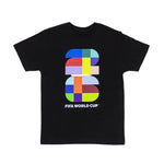 Black t-shirt with colorful geometric design and 'FIFA World Cup' text on a white background
