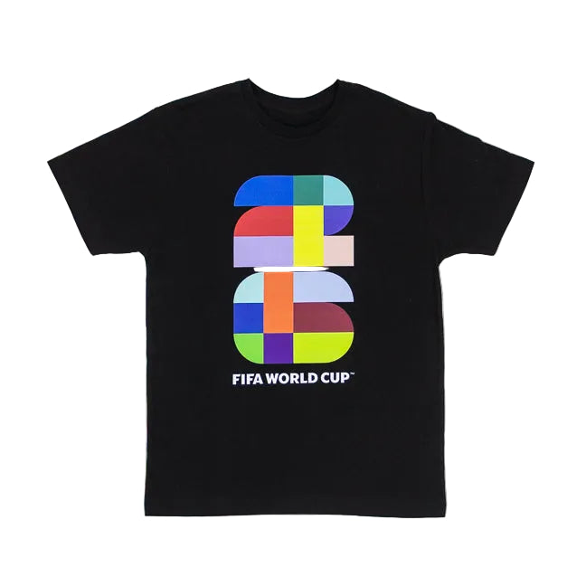 Black t-shirt with colorful geometric design and 'FIFA World Cup' text on a white background