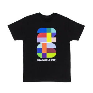 Black t-shirt with colorful geometric design and 'FIFA World Cup' text on a white background