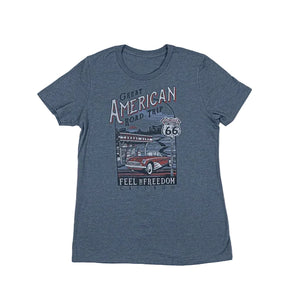 Steel Blue t-shirt with 'Great American Road Trip' graphic on a white background