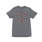 Graphite gray t-shirt with purple and yellow text that reads "Win or Lose We Still Booze" with a football, set against a white background.