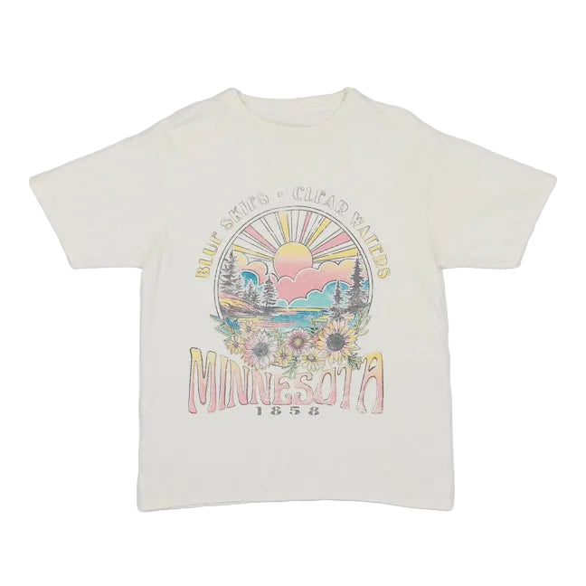 Ivory colored t-shirt with a colorful floral graphic design on a white background